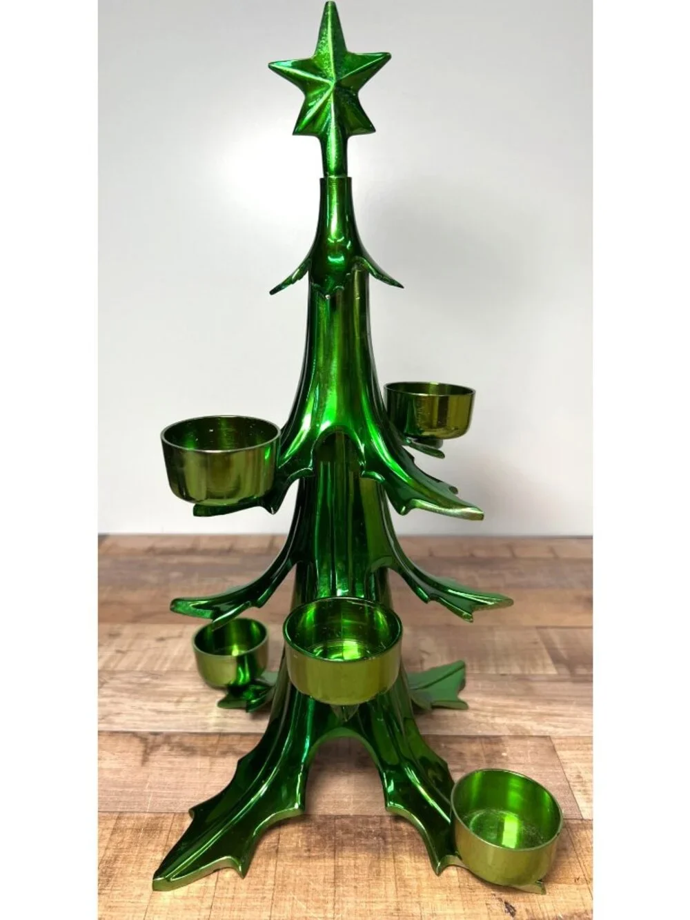 Metallic Green Christmas Tree Tealight Holder With Star Holds 6 Candles Heavy